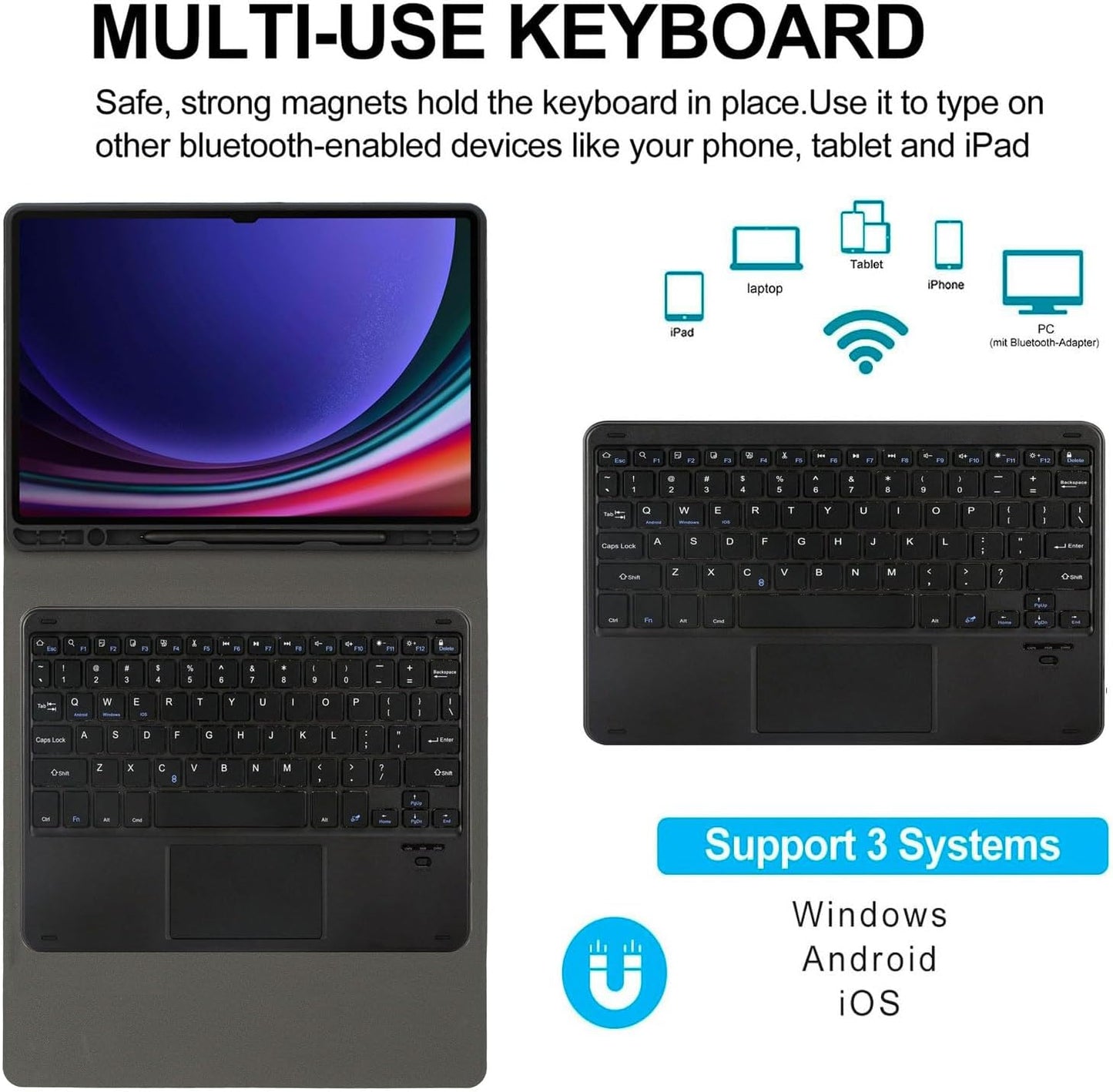 Estuche con teclado para Samsung Galaxy Tab Plus/S8 Plus/S7 Plus/S7 FE 12.4 pulgadas, teclado inalámbrico inalámbrico desmontable magnético