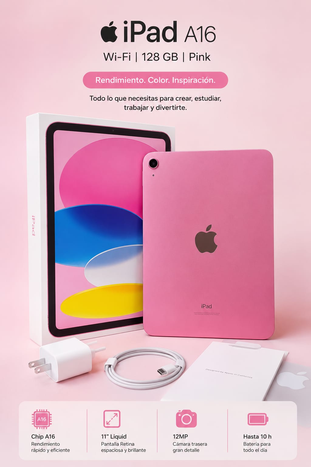 IPAD APPLE A16 Bionic 6GB 128GB 11Inch Wi-Fi BT USB-C 2Cam iPadOS pink