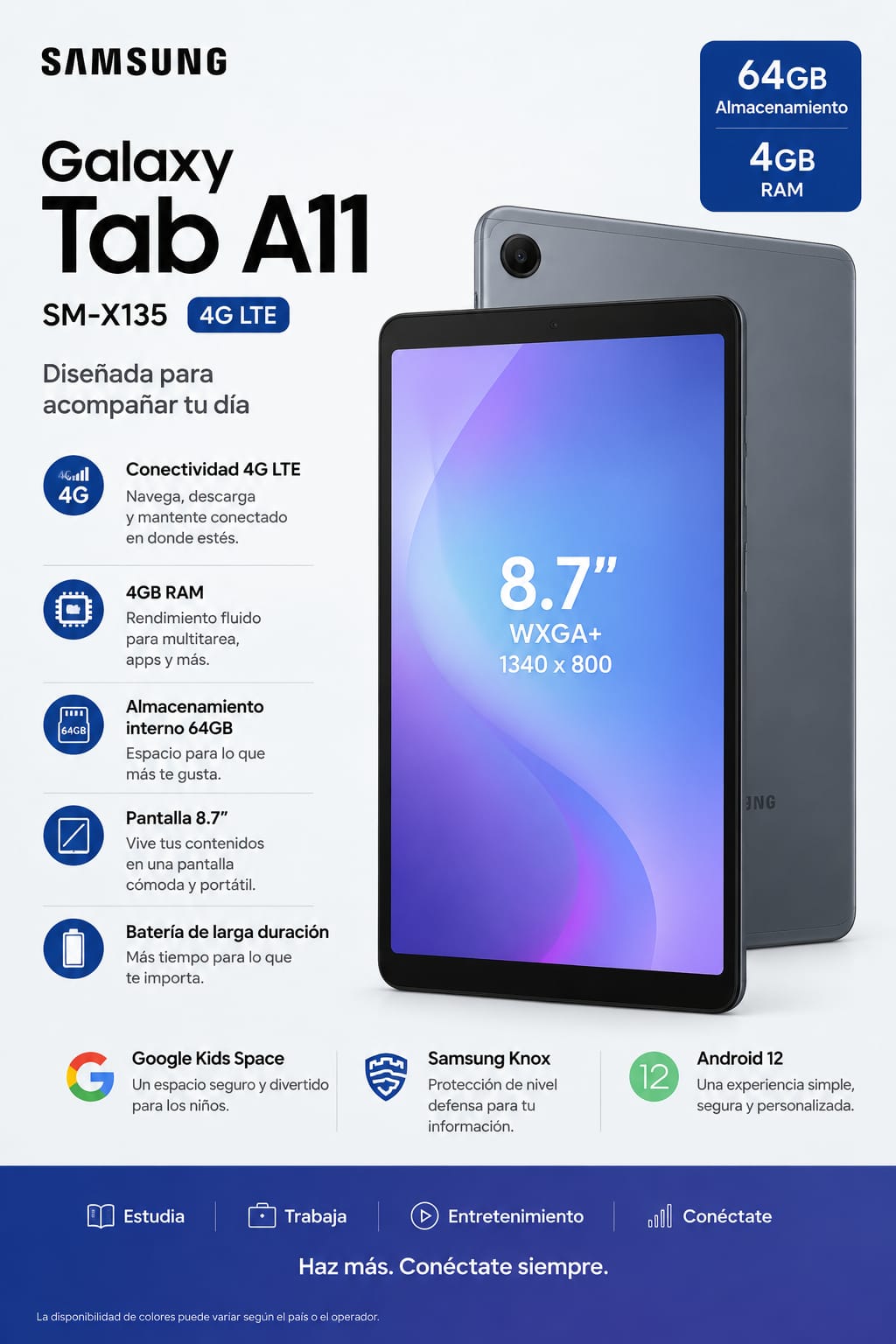 TABLET SAMSUNG GALAXY Tab A11 SM-X135 4G-LTE 64GB 4GB RAM 8.7Inch CAM-8MP-5MP