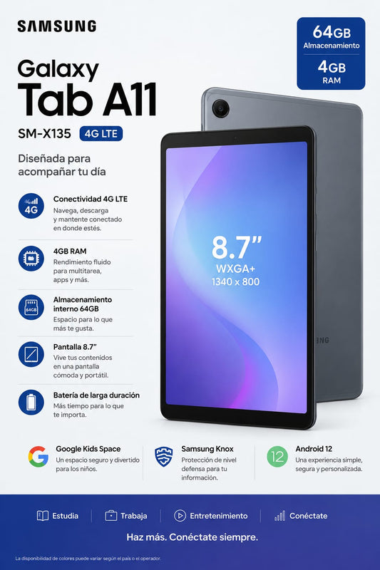 TABLET SAMSUNG GALAXY Tab A11 SM-X135 4G-LTE 64GB 4GB RAM 8.7Inch CAM-8MP-5MP